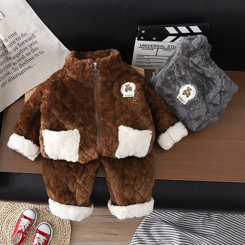 2pcs Baby Boy/Girl Cute Bear Pattern Zipper Plush Pajamas Long Sleeves Sweatshirt and Pants Set-kissminis