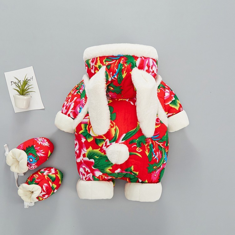 Baby Boy/Girl Winter Thicken Rabbit Ear Design Flower Pattern Cotton Romper-kissminis
