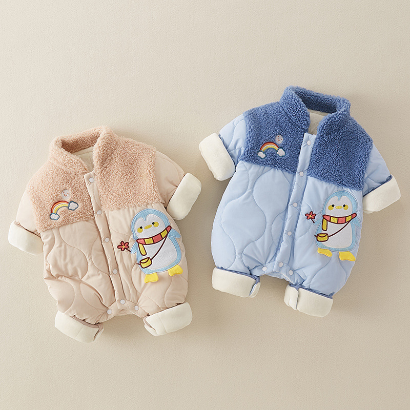 Baby Boy & Girl Winter Cartoon Penguin Graphic Thicken Long Sleeve Romper-kissminis