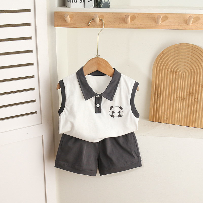 Sleeveless Polo Top with Panda Embroidered Detail Shorts Set