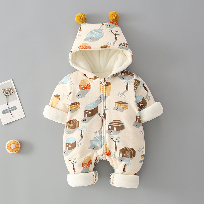 Baby Boy Winter Thicken Cartoon Pattern Long Sleeve Hooded Romper-kissminis