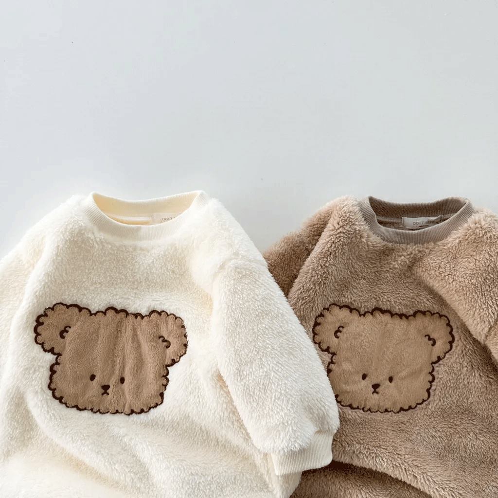 Baby Boy/Girl Winter Cute Bear Pattern Solid Color Fluff Long Sleeve Romper-kissminis