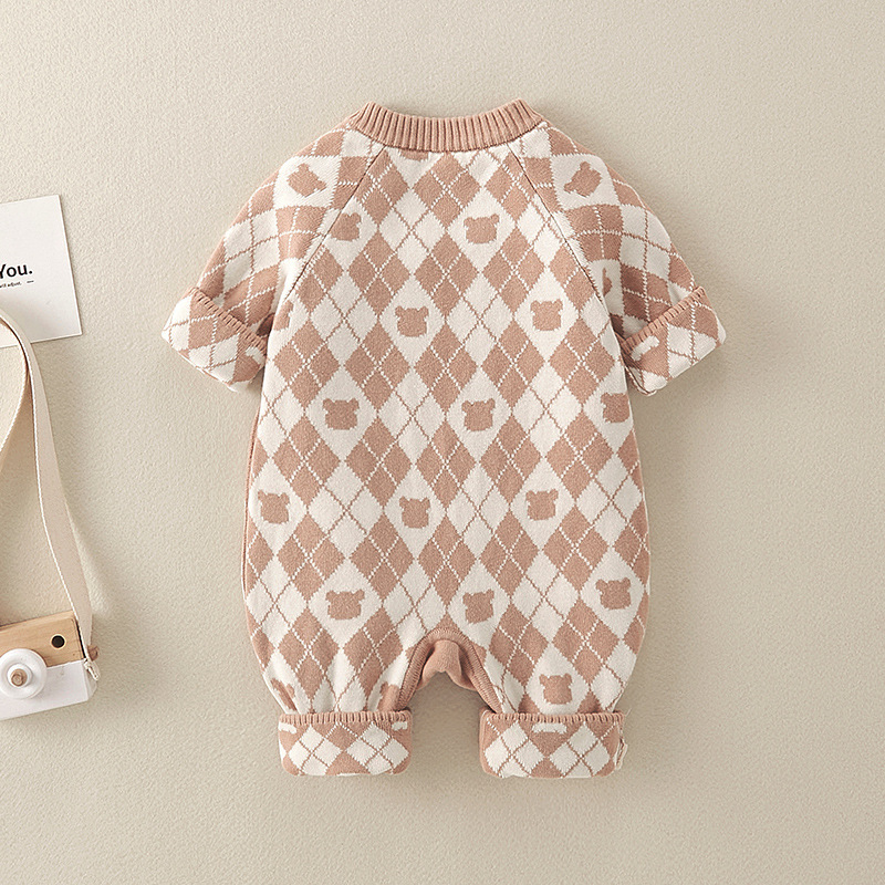 Baby Boy/Girl Cotton Bear Graphic Plaid Knitted Romper-kissminis