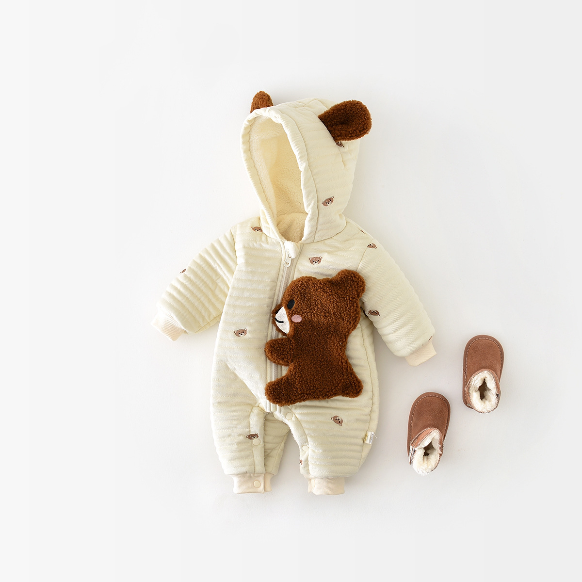 Baby Boy Winter Thicken Bear Graphic Long Sleeve Romper-kissminis