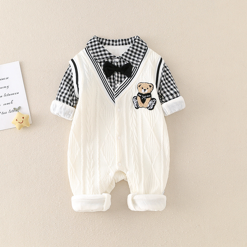 Baby Boy Bear Print Plaid Bow Tie Collar Romper