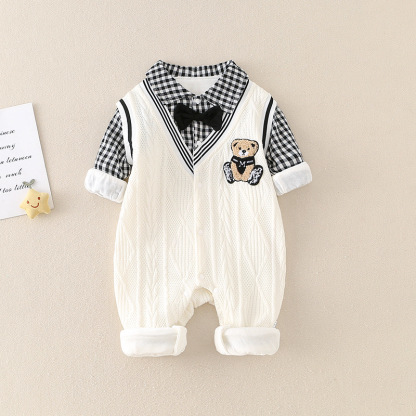 Baby Boy Bear Print Plaid Bow Tie Collar Romper