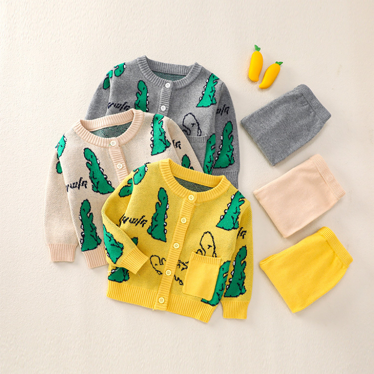 Baby Boy/Girl Ribbed Knit Dinosaur Cardigan Sweatshirt with Pants Set-kissminis