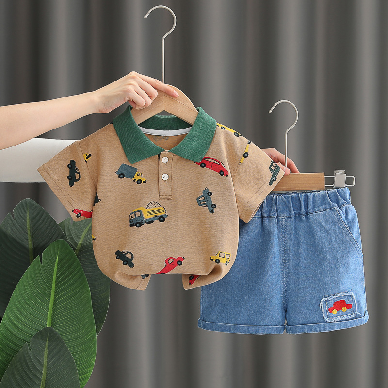 2pcs Vehicle Print Shirt with Green Collar Polo Short Sleeve Shorts Set