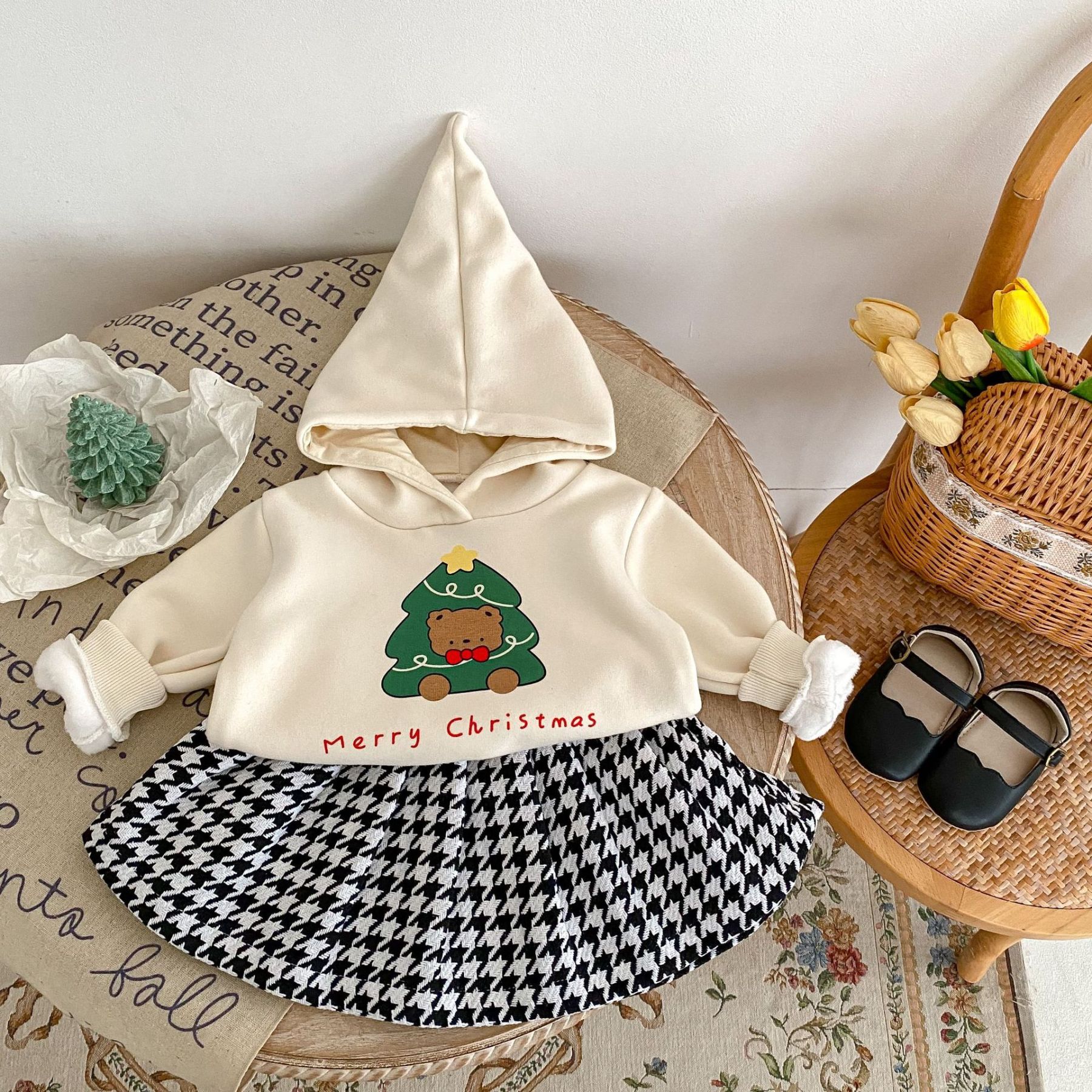 Bayby Toddler Girl Christmas Tree with Bear Print Long Sleeve Hooded Sweatshirt and Plaid Skirt-kissminis