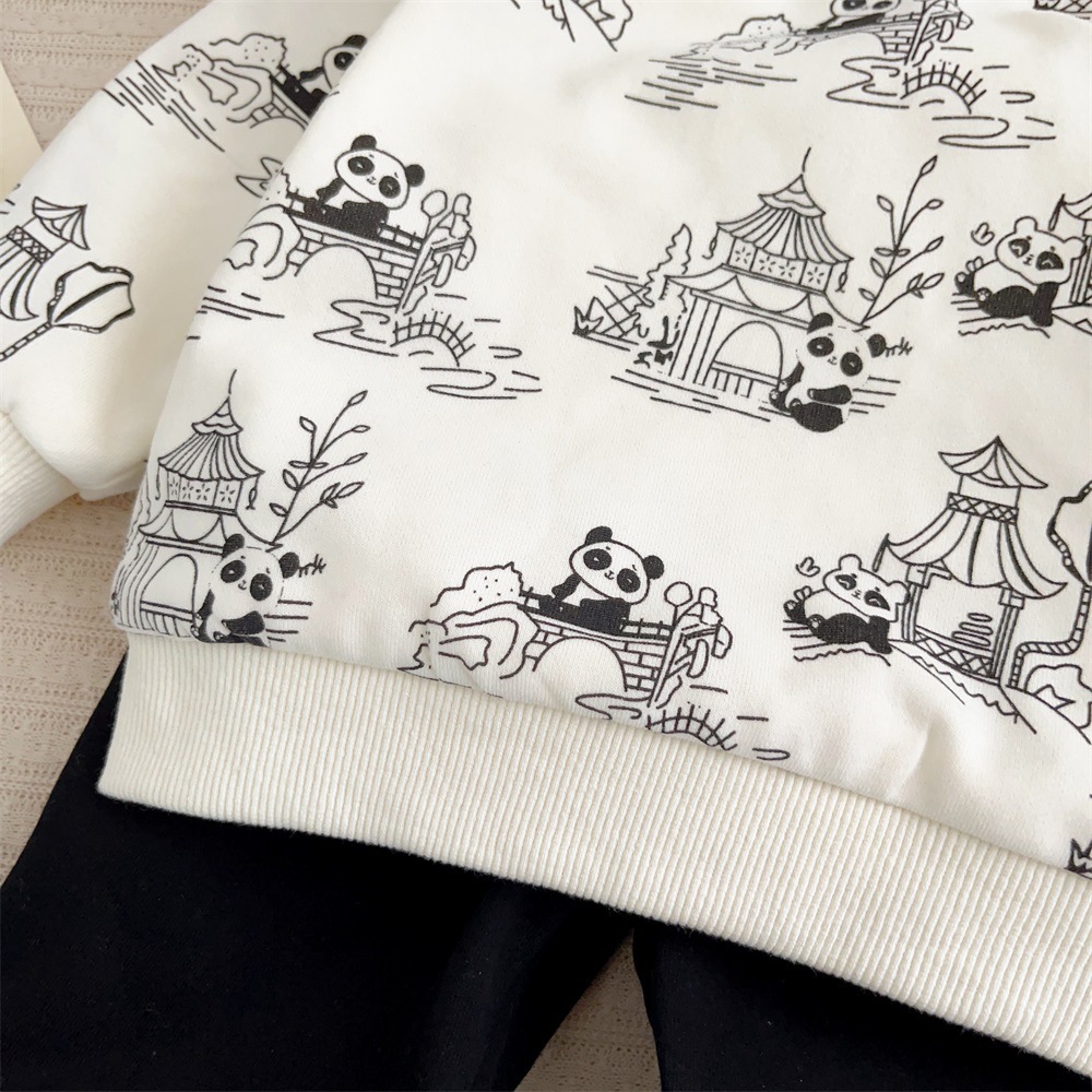 Baby Boy/Girl Panda Doll and Print Long Sleeve Sweatshirt with Pants Set-kissminis