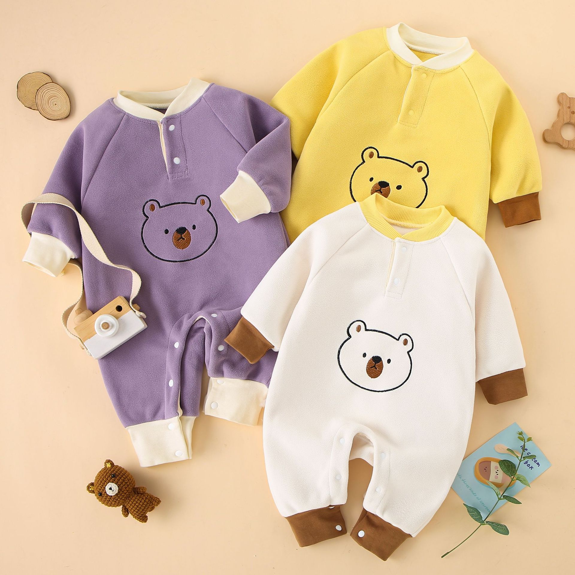 Baby Boy/Girl Cute Bear Pattern Solid Color Long Sleeve Romper-kissminis