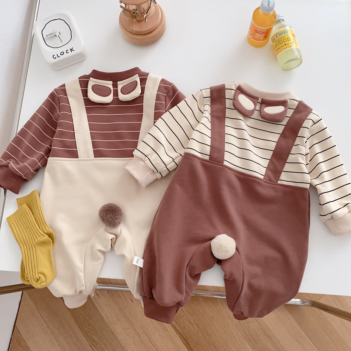 Baby Boy/Girl Cute Bear Pocket Design Fake Two Pieces Striped Long Sleeve Romper-kissminis