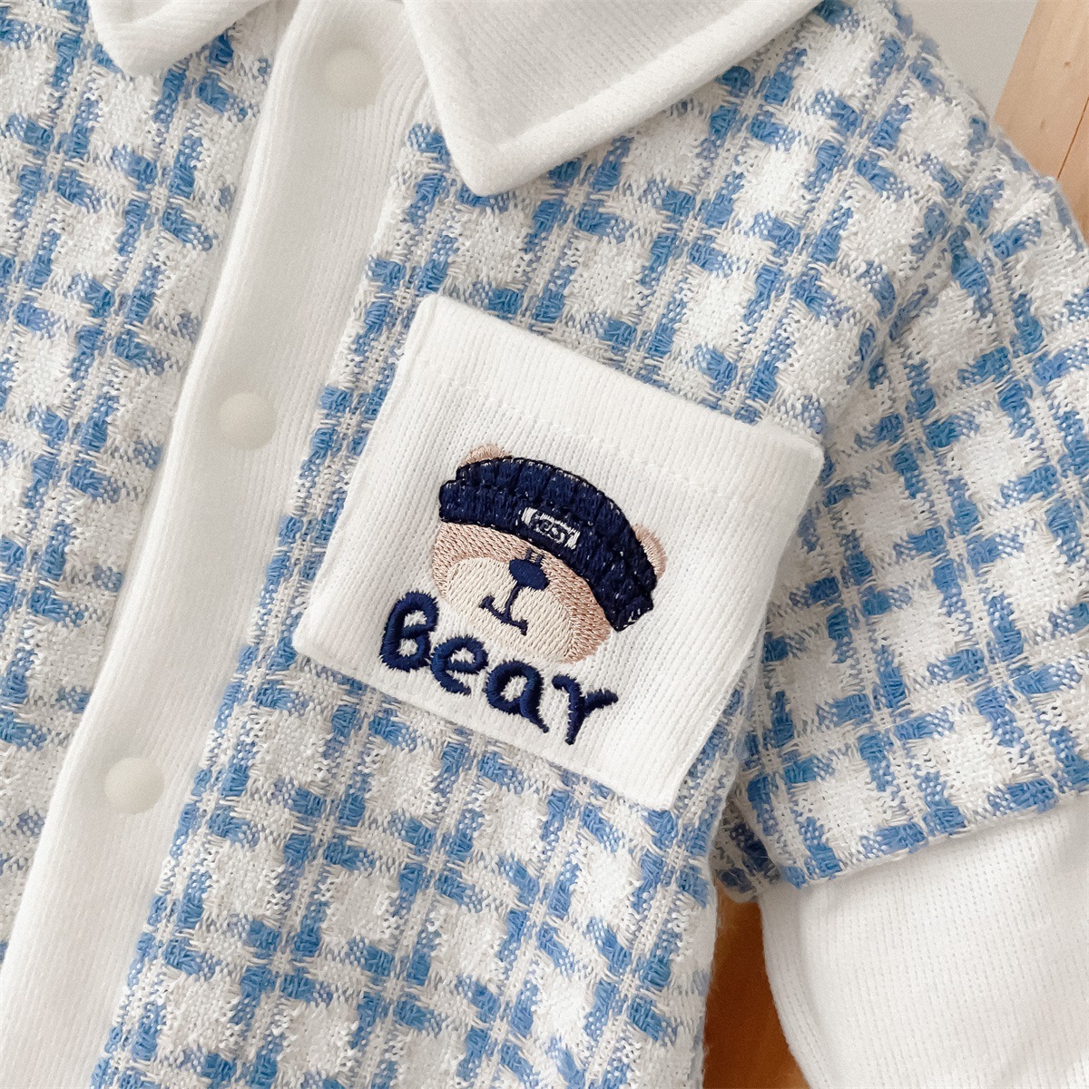 Bear Pocket Emblem Houndstooth Romper