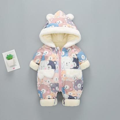 Baby Boy/Girl Winter Bear Allover Thicken Hooded Fuzzy Long Sleeve Romper-kissminis