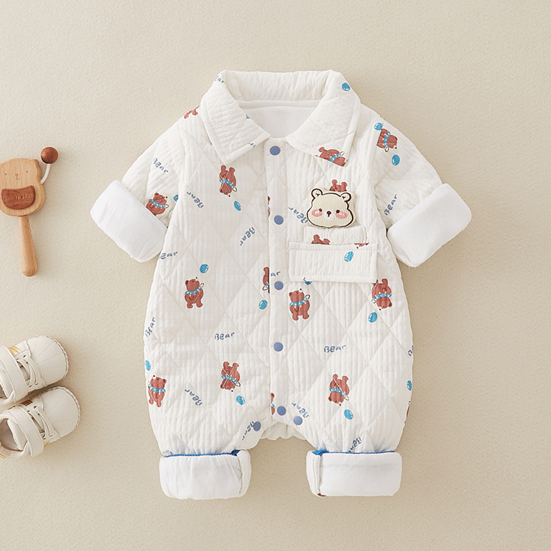 Baby Boy/Girl Cute Cartoon Bear Print Thin Cotton Long Sleeve Romper-kissminis