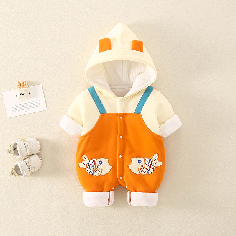 Baby Boy & Girl Winter Fish Graphic Thicken Hooded Long Sleeve Romper-kissminis