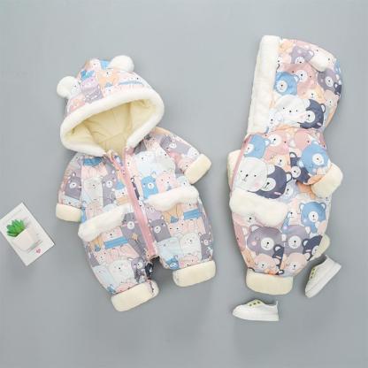Baby Boy/Girl Winter Bear Allover Thicken Hooded Fuzzy Long Sleeve Romper-kissminis