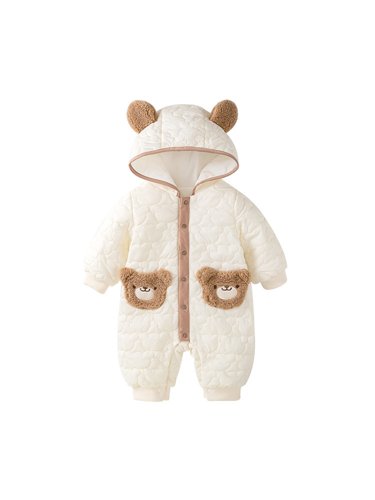 Newborn Baby Boy/Girl Cute Bear Print and Bear Ear Design Fluff Hooded Long Sleeve Romper-kissminis