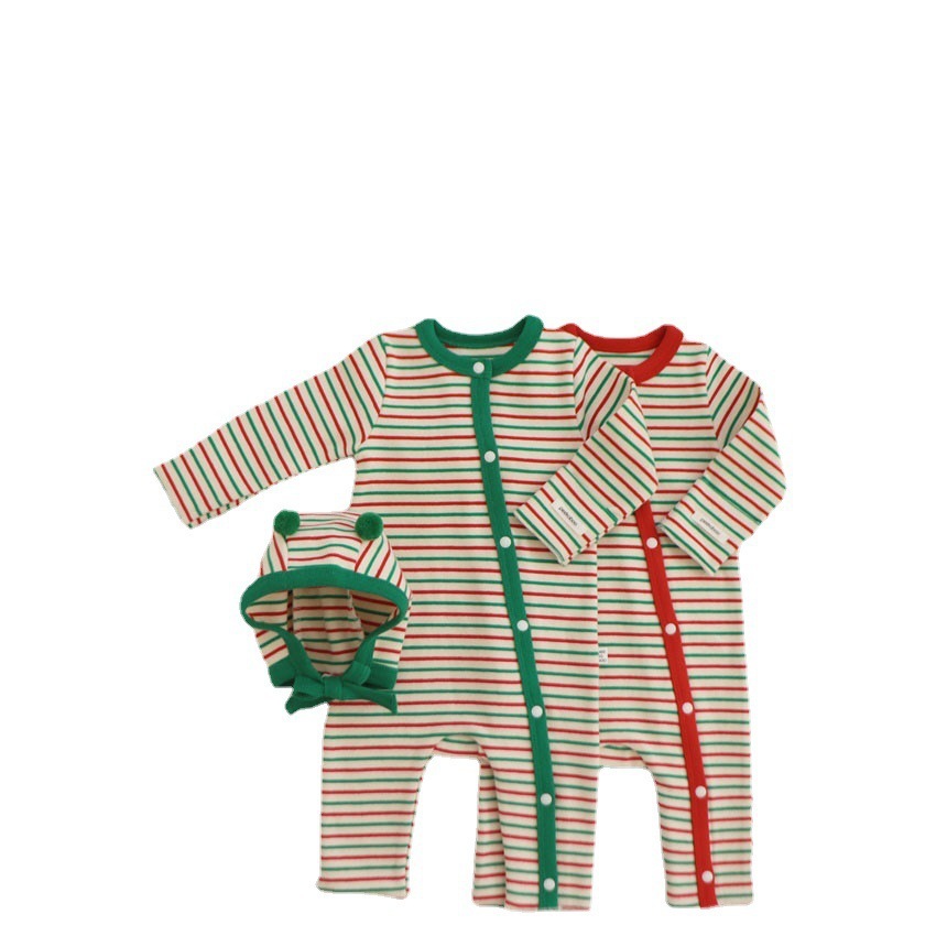 2pcs Baby Boy/Girl Christmas Stripe Long Sleeve Romper and Hat Set-kissminis