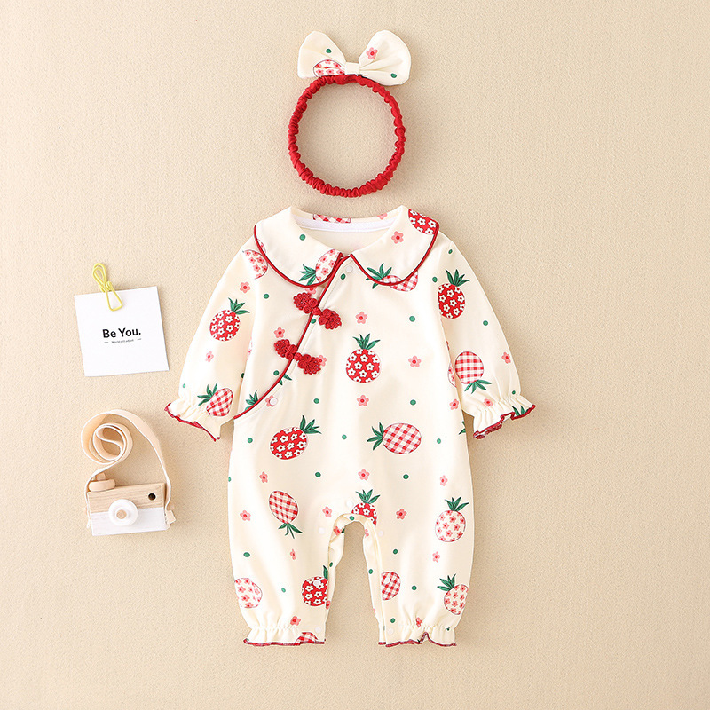 2pcs Baby Girl Allover Red Pineapple Print Plate Buckle Ruffle Flounce Casual Romper with Hairband Set-kissminis