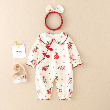 2pcs Baby Girl Allover Red Pineapple Print Plate Buckle Ruffle Flounce Casual Romper with Hairband Set