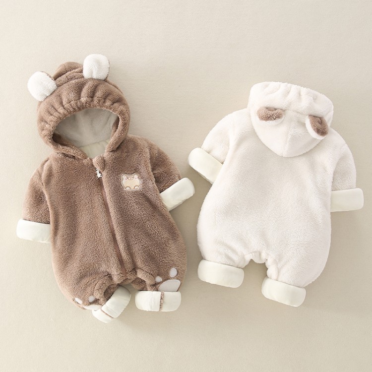 Baby Boy/Girl Winter Thicken Porket Embroidery Long Sleeve Hooded Fluff Romper-kissminis