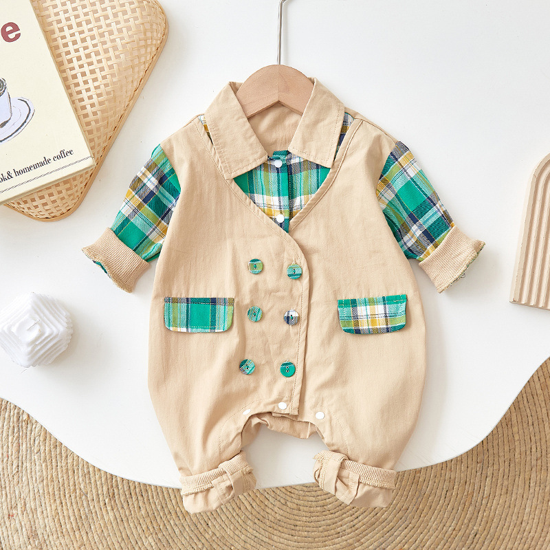 Baby Boy/Girl Plaid Design Single-breasted Long Sleeve Romper-kissminis
