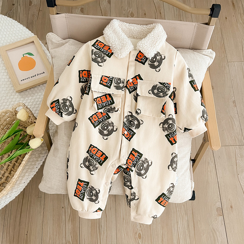 Baby Boy Allover Ted Bear Pattern Winter Thicken Long Sleeve Romper-kissminis