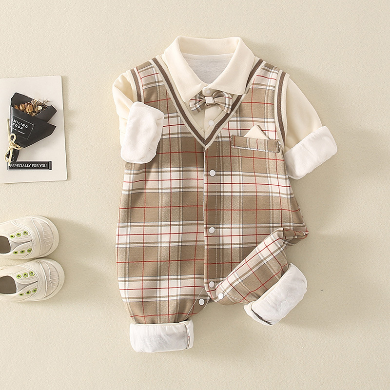 Baby Boy Fake Two Pieces Plaid Bow Long Sleeve Romper-kissminis