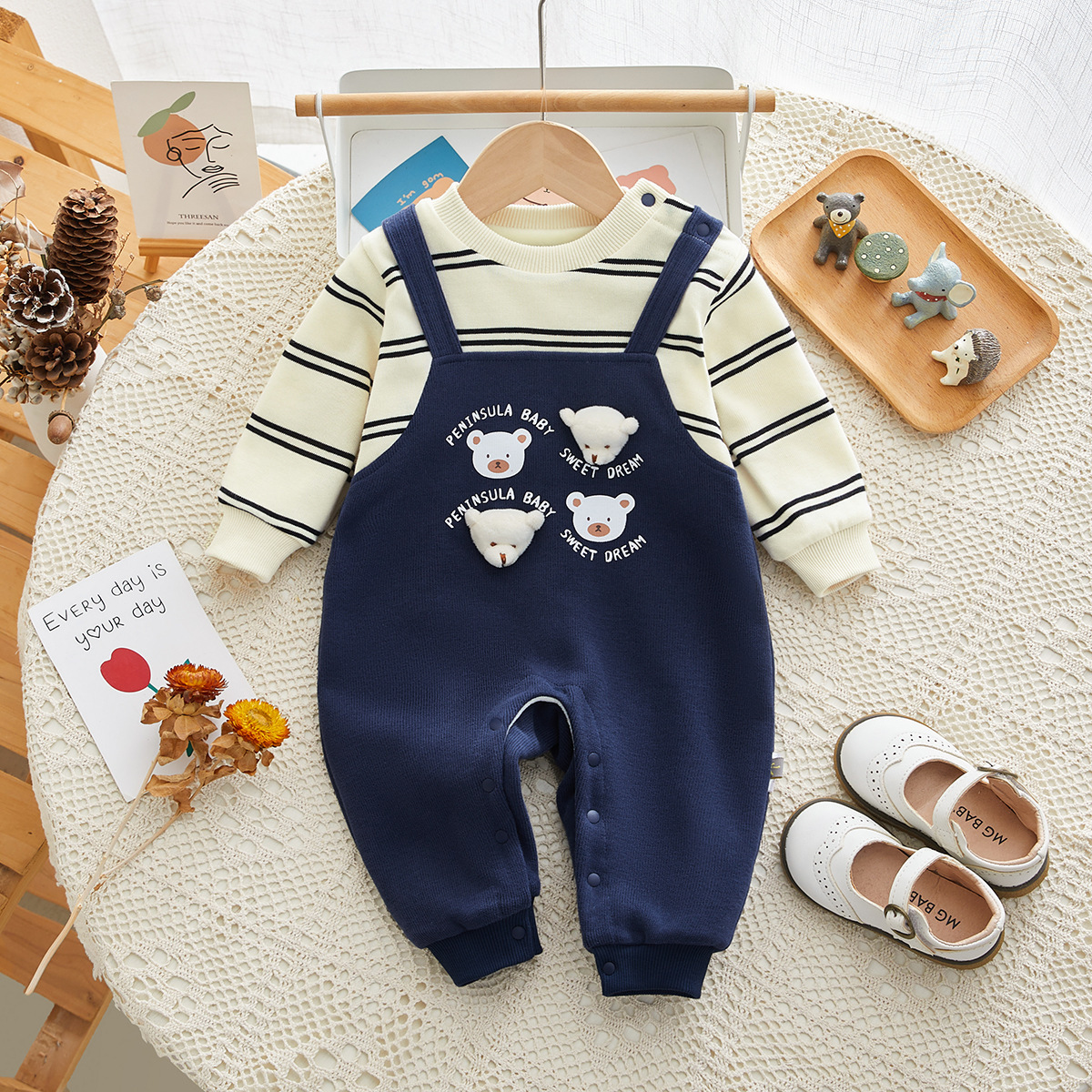 Baby Boy/Girl False Two Piece 3D Bear Print Hidden Greenor Long Sleeve Romper-kissminis
