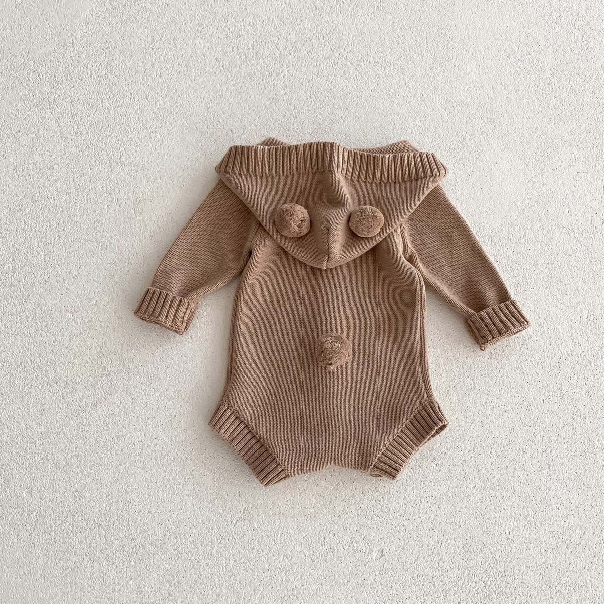 Baby Boy/Girl Cute Bear Design Solid Color Knitted Long Sleeve Bodysuit-kissminis
