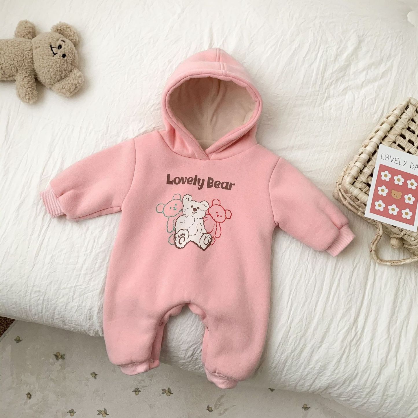 Baby Bear and Letter Pattern Solid Color Hooded Romper-kissminis