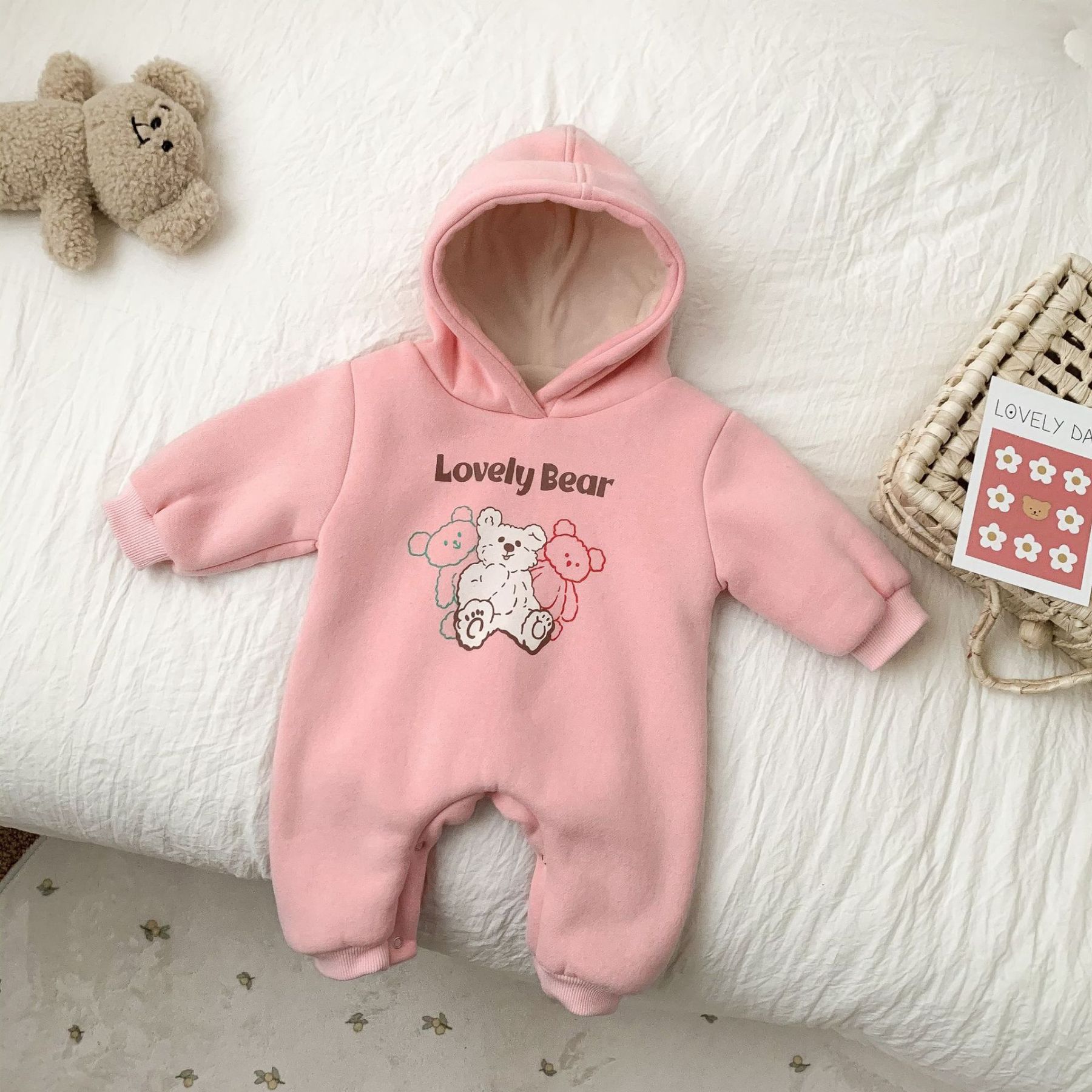 Baby Bear and Letter Pattern Solid Color Hooded Romper-kissminis