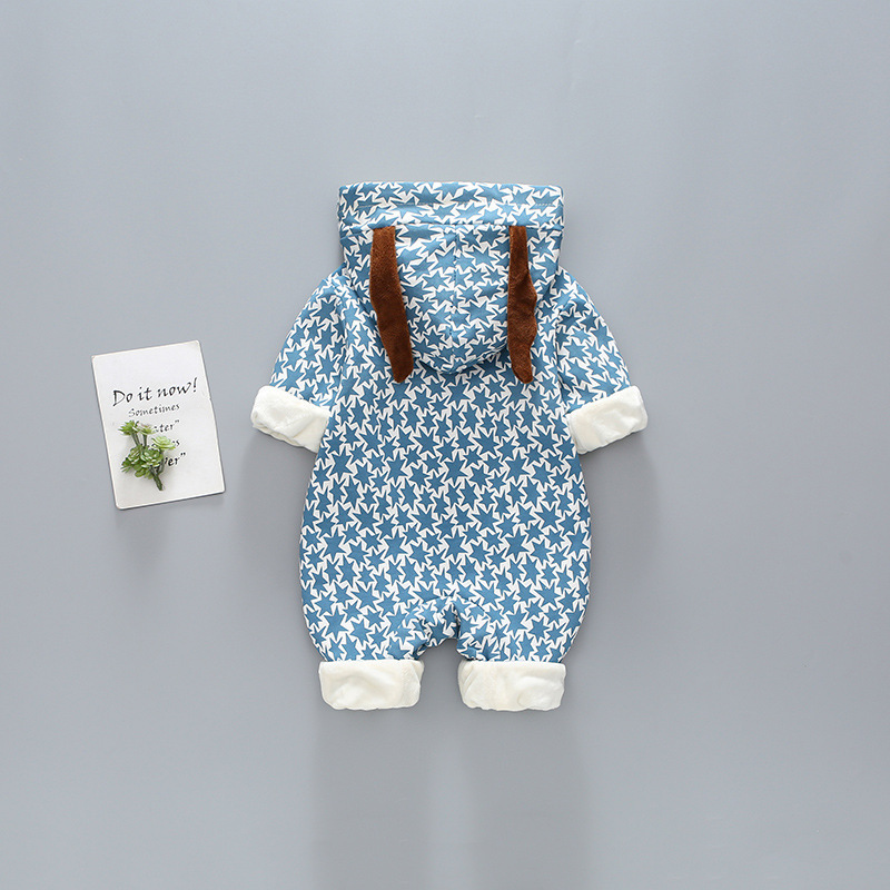 Baby Boy/Girl Allover Star and Elk Pattern Cotton Hooded Romper-kissminis