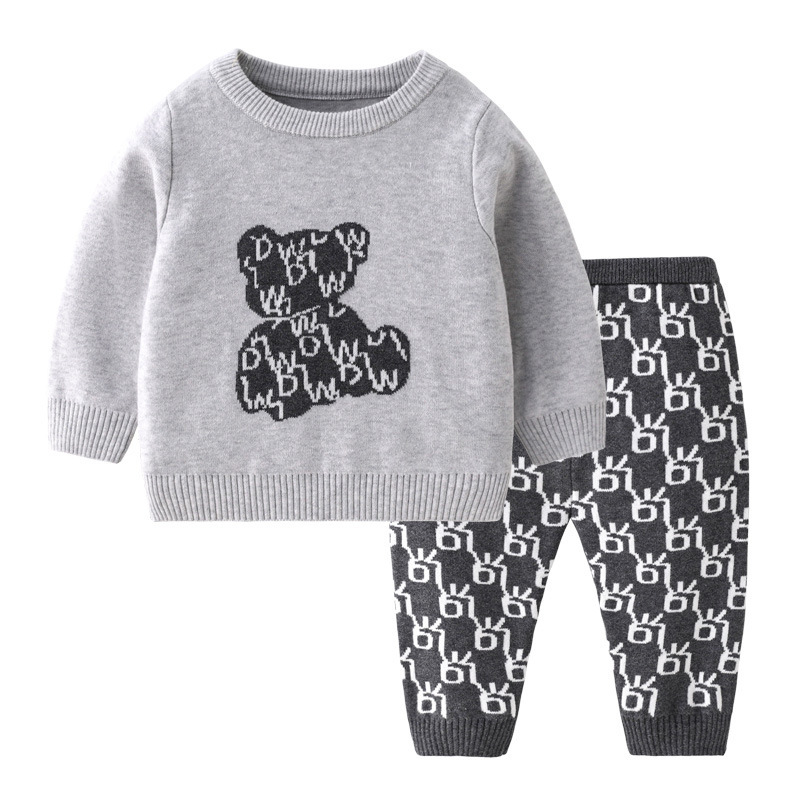 2pcs Baby Boys & Girls Bear Graphic Knit Tops and Pants Set-kissminis