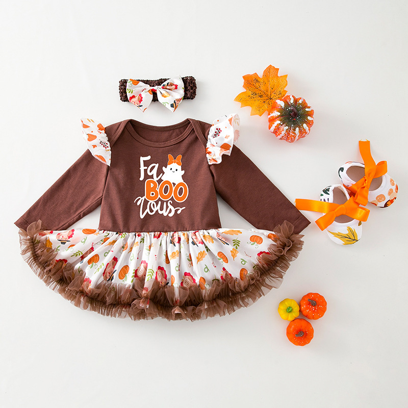3pcs Newborn Baby Girl Hallowen Wacky Pumpkin Cartoon Print Long Sleeve Dress Set-kissminis