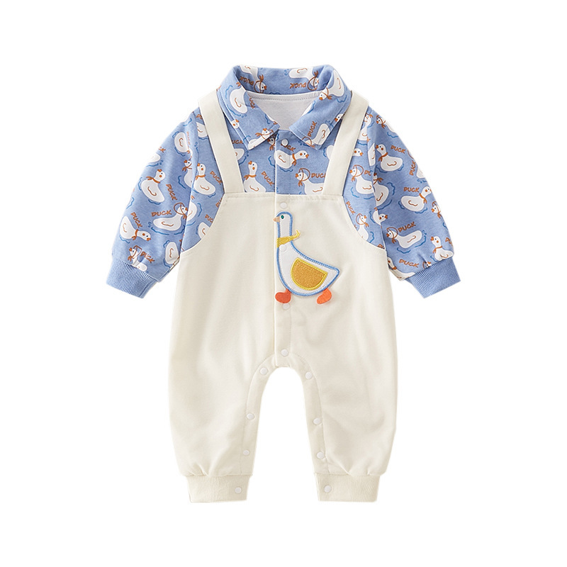 Baby Boy Fake Two Pieces Cute Duck Pattern Long Sleeve Romper-kissminis