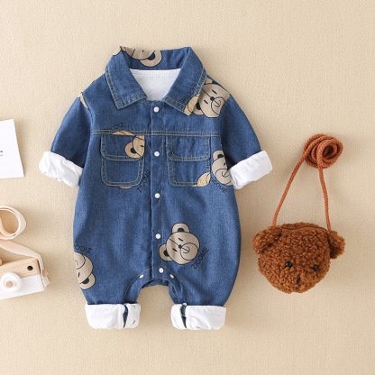 Baby Boy/Girl Allover Bear Print Polo Collar Long Sleeve Denim Fashion Romper