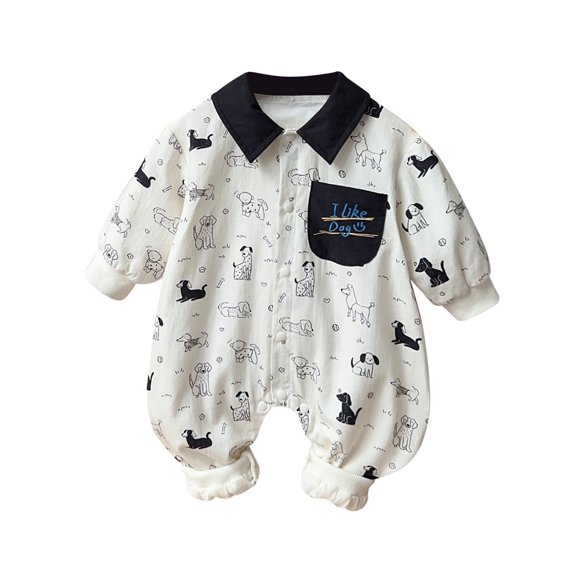 Black Collar and Dog Print Pocket Detail Romper
