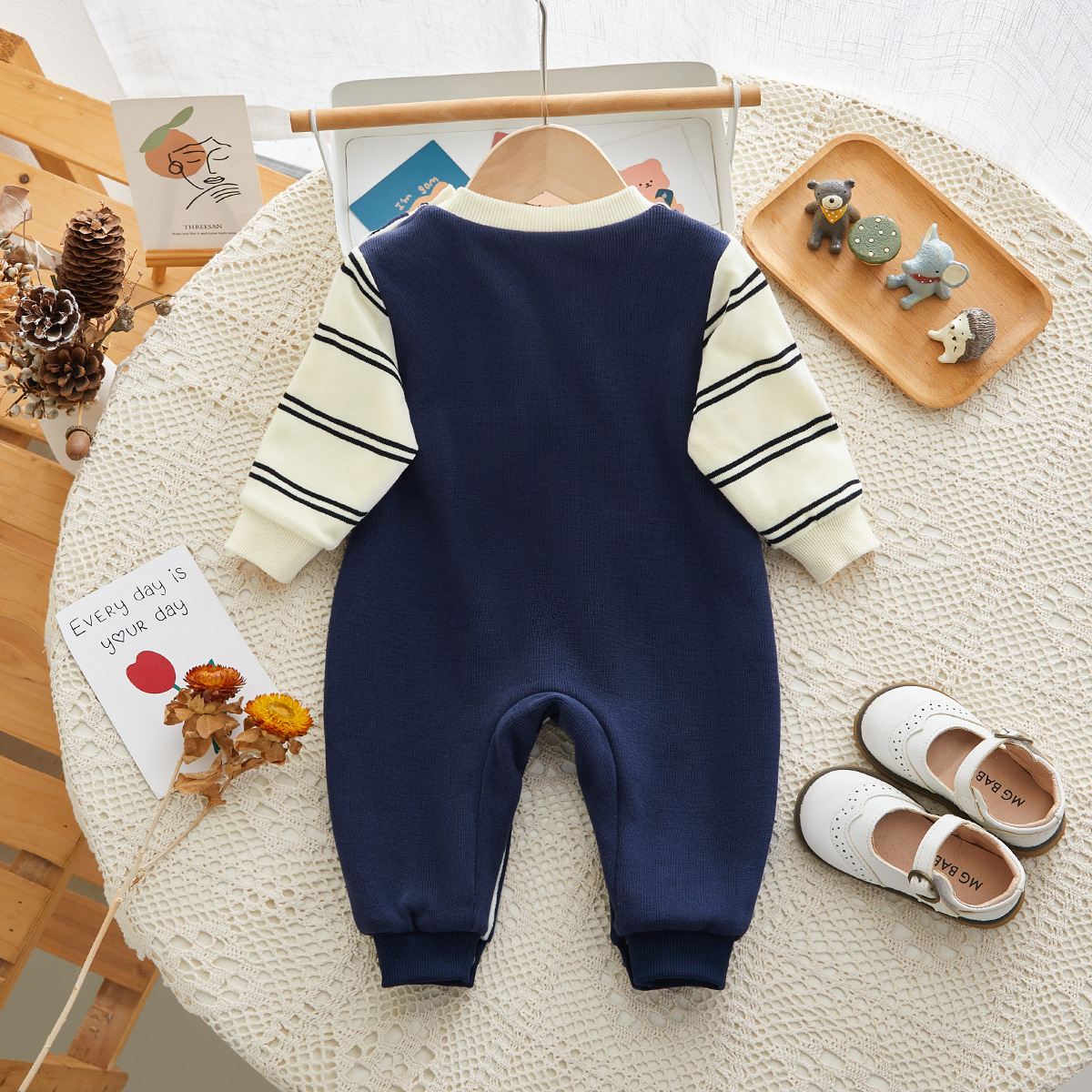 Baby Boy/Girl False Two Piece 3D Bear Print Hidden Greenor Long Sleeve Romper-kissminis