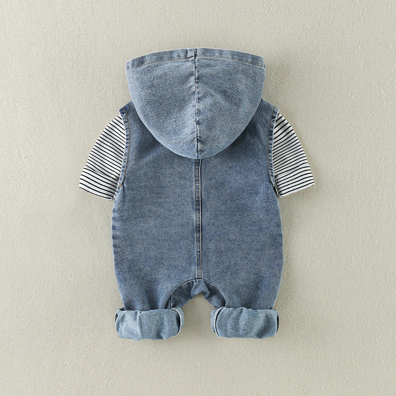 2pcs Baby Boy Sleeveless Hooded Denim Romper & Stripe T-shirt Set