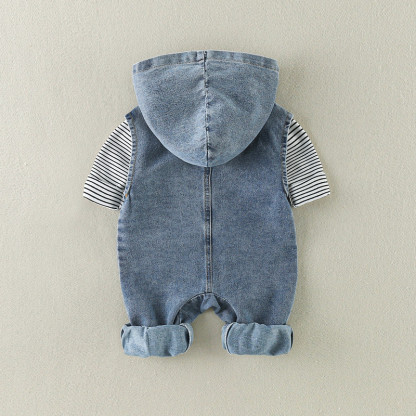 2pcs Baby Boy Sleeveless Hooded Denim Romper & Stripe T-shirt Set