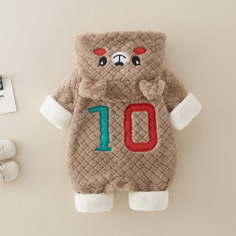 Baby Boy/Girl Winter Thicken Bear Design Number Long Sleeve Fluff Hooded Romper-kissminis