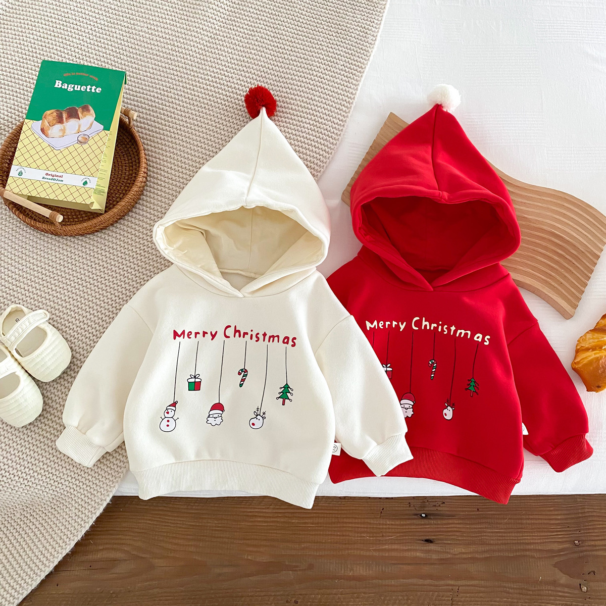 Baby Boy/Girl Christmas Cartoon Hooded Thincken Long Sleeve Sweatshirt with Pants-kissminis