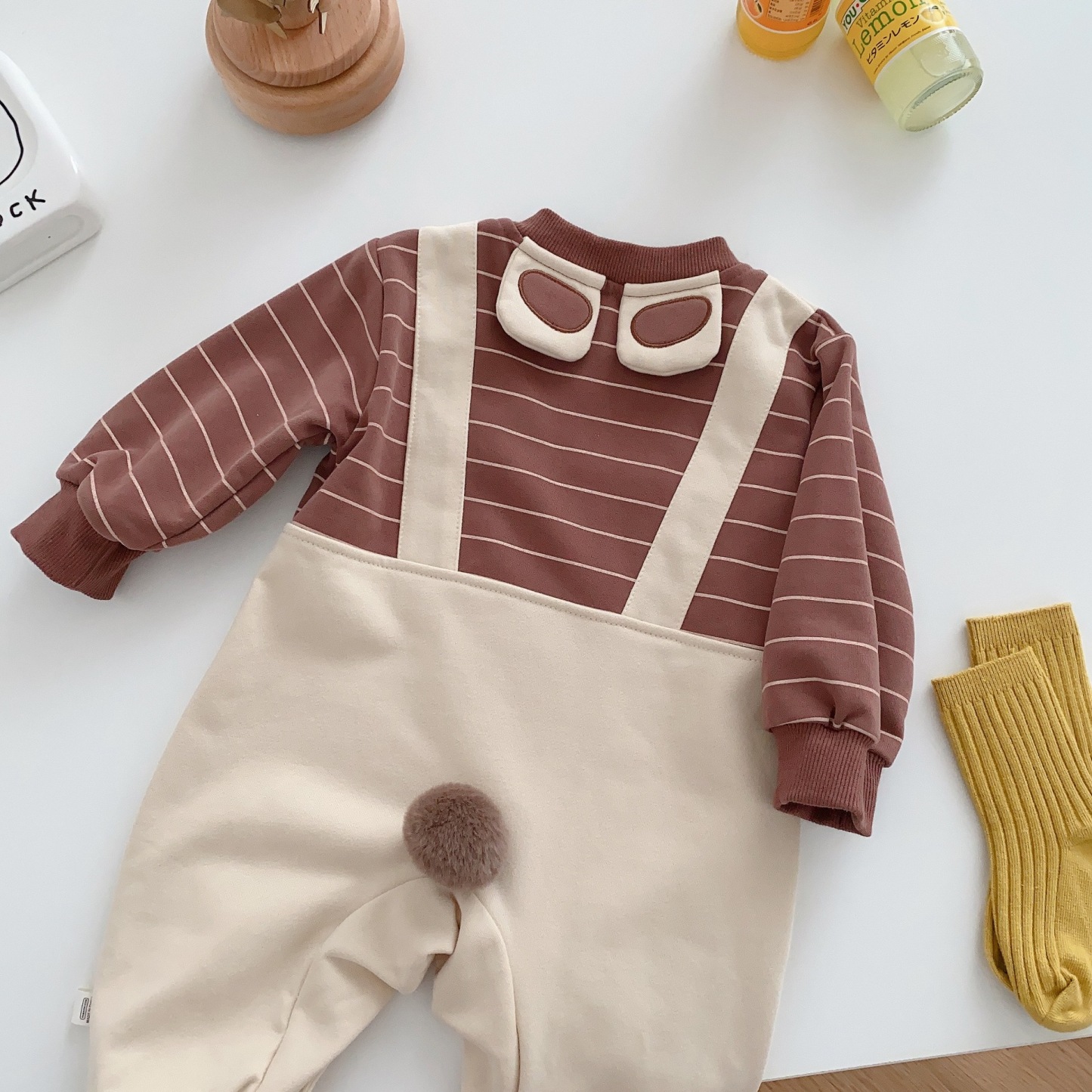 Baby Boy/Girl Cute Bear Pocket Design Fake Two Pieces Striped Long Sleeve Romper-kissminis