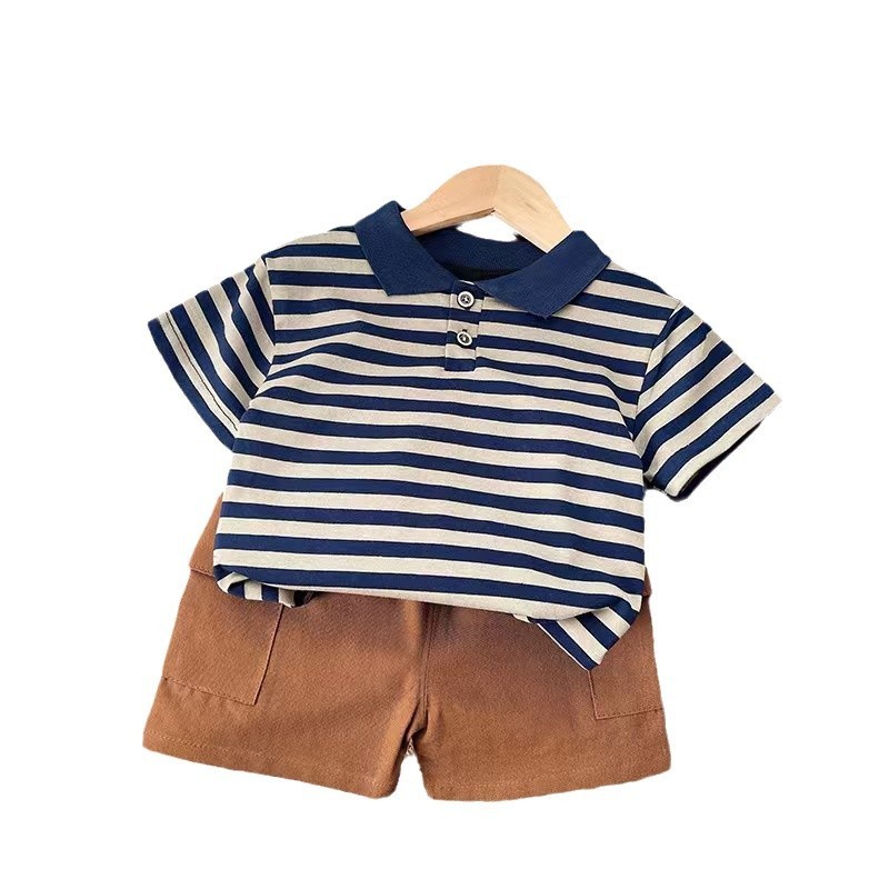 Navy and Beige Striped Polo Short Sleeve Shirt and Brown Shorts Set