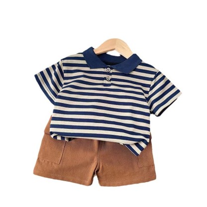Navy and Beige Striped Polo Short Sleeve Shirt and Brown Shorts Set