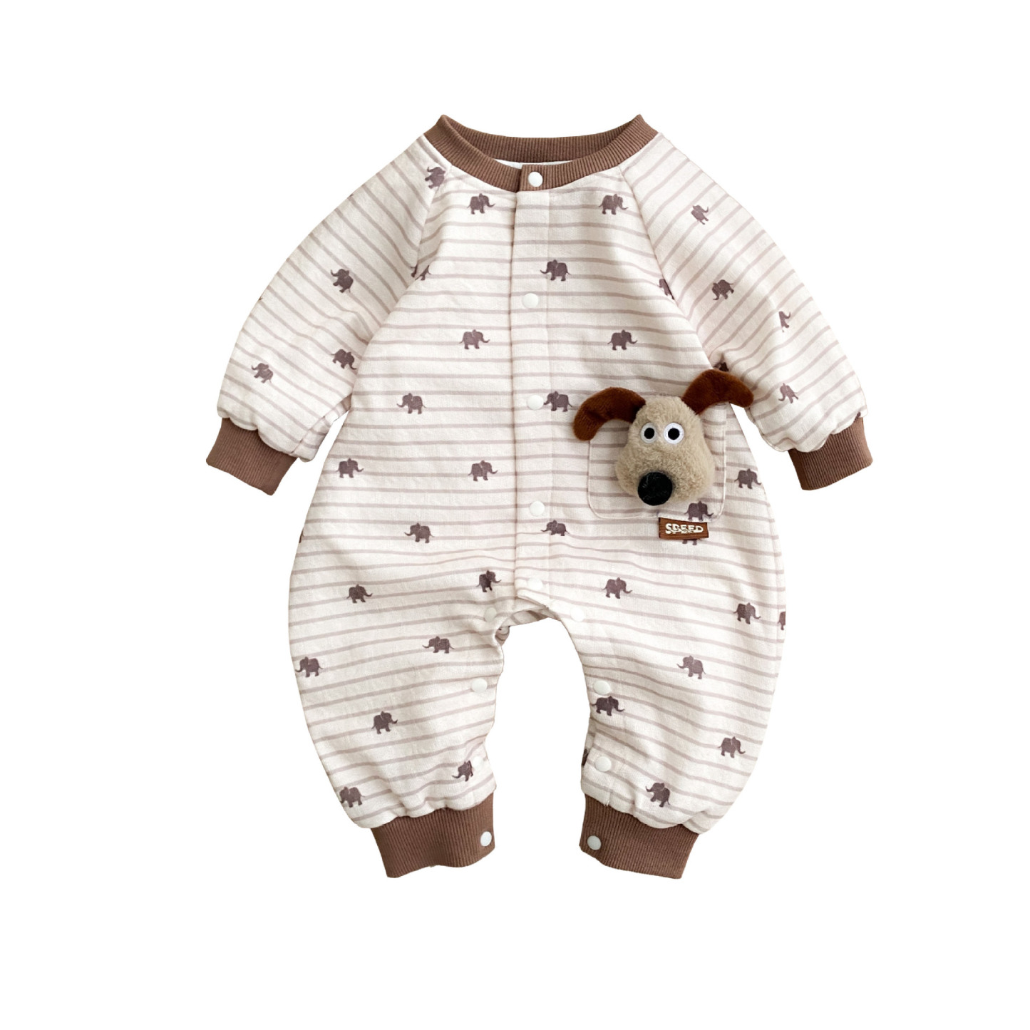 Elephant Print and 3D Dog Decoration on Pocket Striped Romper