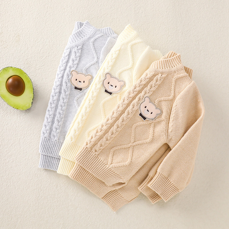 Baby Girl Ribbed Knit Bear Design Cardigan Sweatshirt with Pants Set-kissminis