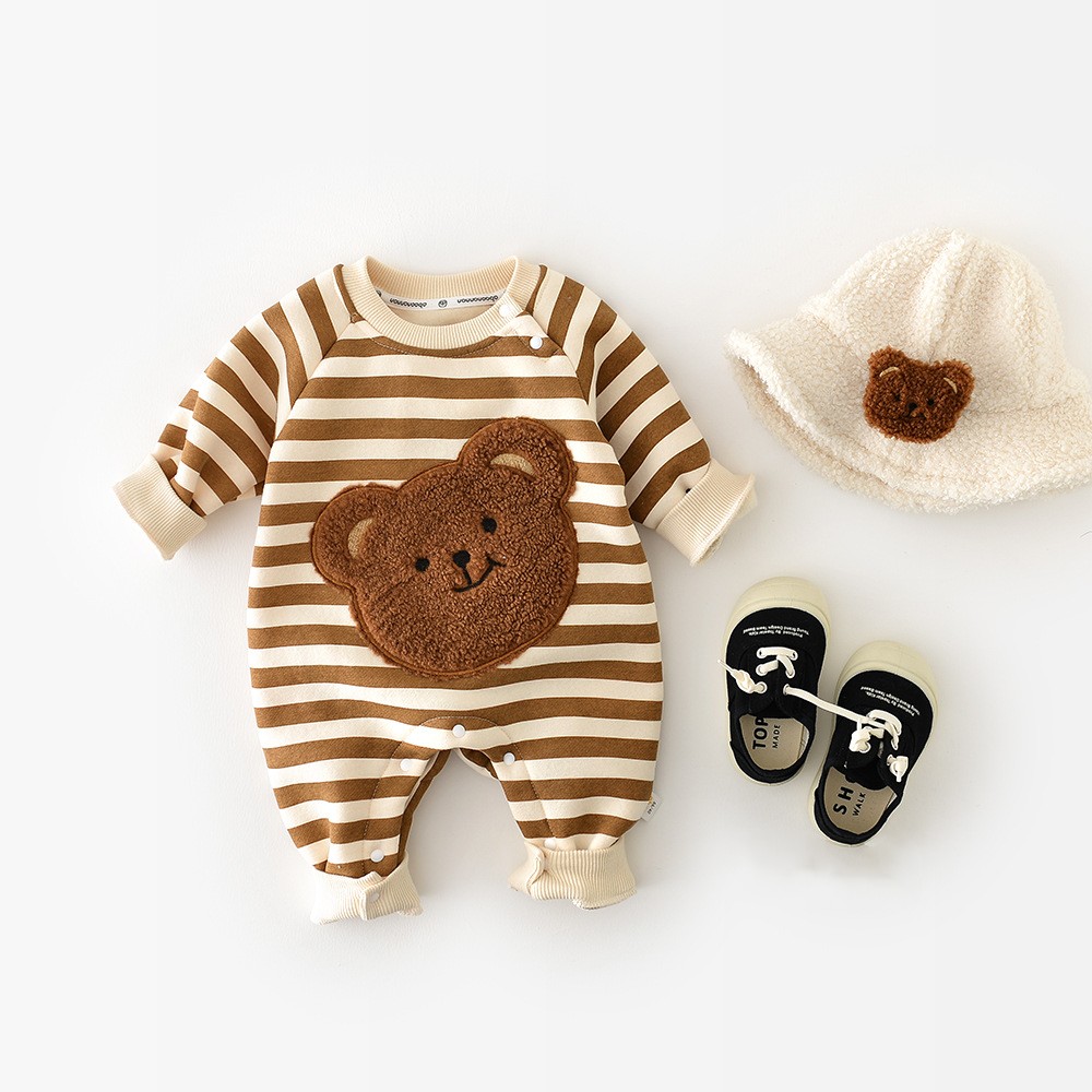 Baby Boy/Girl Crewneck Stripe and Embroideried Bear Long Sleeve Snap Romper